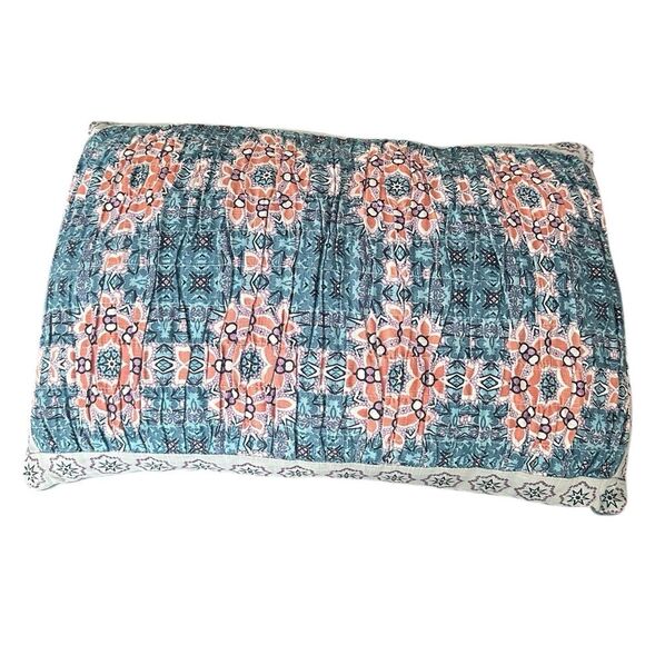 Amrita-Sen Blue Boho Mandela Print Quilted Seersucker Rectangle Throw Pillow - Picture 1 of 6